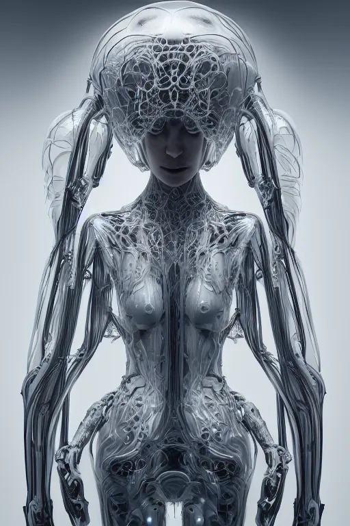 Image similar to iris van herpen, perfect symmetrical body, full body shot, inflateble shapes, wires, tubes, veins, jellyfish, white biomechanical details, wearing epic bionic cyborg implants, masterpiece, intricate, biopunk, vogue, highly detailed, artstation, concept art, cyberpunk, octane render