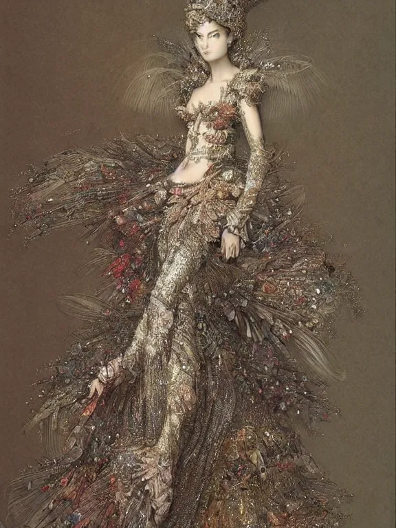 Image similar to A detailed digital picture of a beautiful women wear haute couture by John Galliano ,ethereal,maximalism,glittering, by patrick woodroffe,Gustave Doré,Trending on artstation,cgsociety，pinterest,vogue,Ligne Claire, DSLR,vivid color