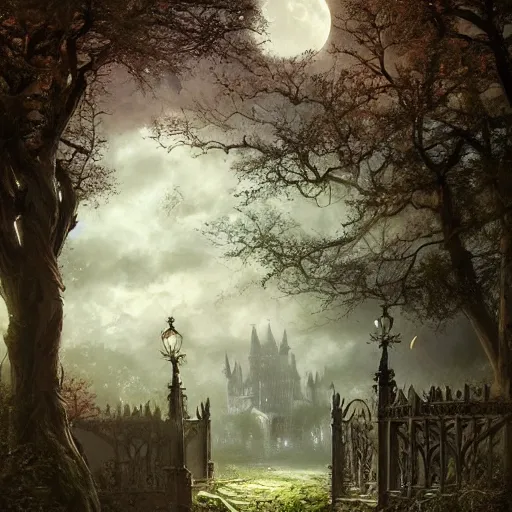 Image similar to a hidden entrance in the trees, victorian setting, dramatic light, castle background, clouds, moon, storm, night, high detail, fantasy background, painted by greg rutkowski, digital art, trending on artstation
