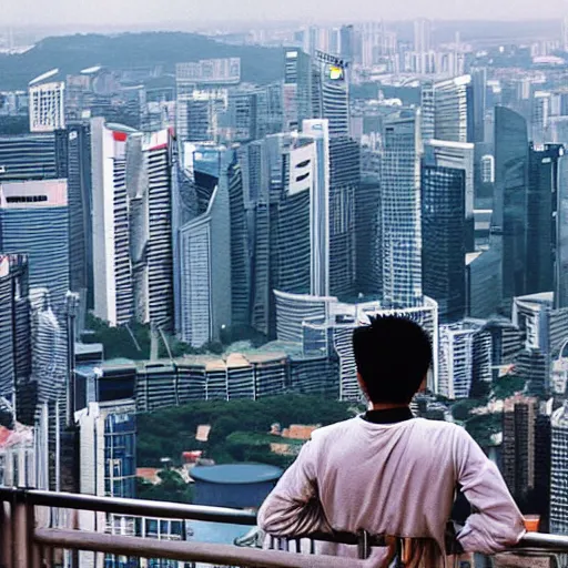 Image similar to a singaporean student stands on the top of a building, looking out at the world, by moebius