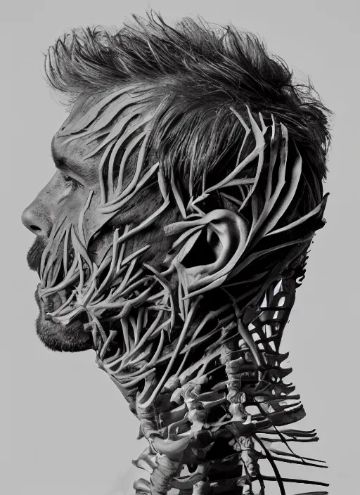 Image similar to a handsome man's face in profile, made of leaf skeleton, in the style of the dutch masters and gregory crewdson, dark and moody