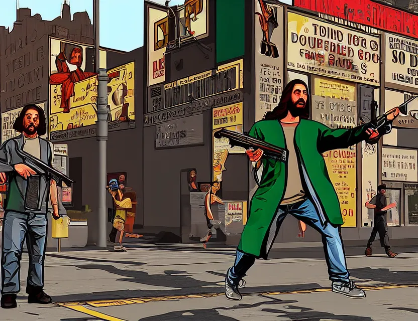 Prompt: illustration of jesus in robes aiming down the barrel of a shotgun in dimes square new york city in the style of gta v artwork, stephen bliss, highly detailed