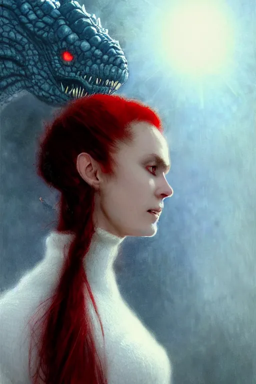 Image similar to extreme close up of a beautiful vampire with red eyes and long red hair in a ponytail, in a white woollen turtleneck dress, looking at a small blue shin godzilla, portrait dnd, painting by gaston bussiere, craig mullins, greg rutkowski, yoji shinkawa