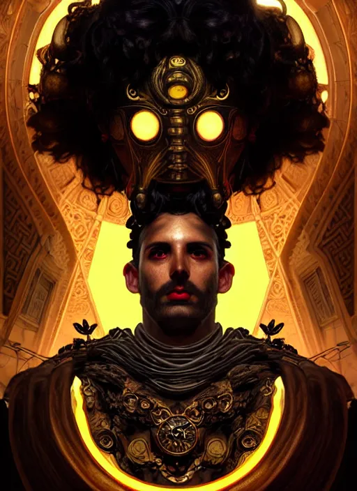 Image similar to portrait of greek god ares, black curly hair, glowing eyes, volumetric lights, war, weapons, yellow red scheme, art nouveau botanicals, gothic, intricate, highly detailed, digital painting, artstation, concept art, smooth, sharp focus, symmetric face, illustration, steampunk, art by artgerm and greg rutkowski and alphonse mucha