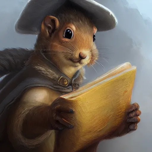 Image similar to a detailed portrait of a squirrel wizard holding an ancient book, by justin gerard and greg rutkowski, digital art, realistic painting, dnd, dungeons & dragons, character design, trending on artstation