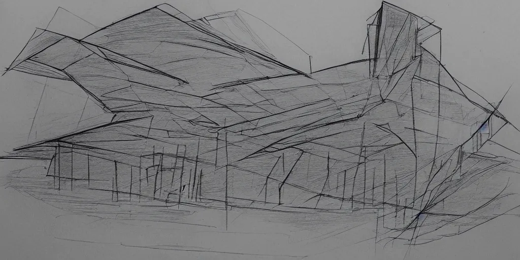 Image similar to davinci sketch technique style old paper zaha hadid building