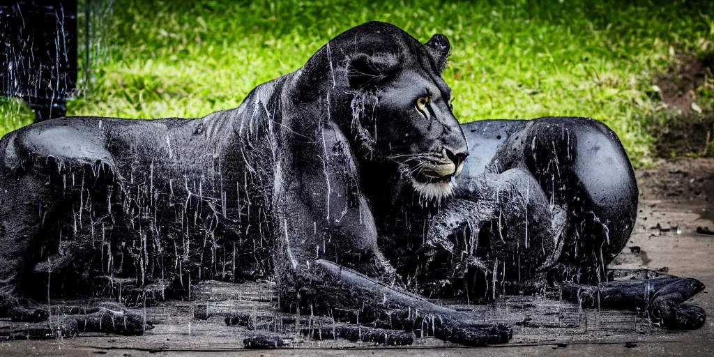 Image similar to the smooth black lioness, made of smooth black goo, in the zoo exhibit, viscous, sticky, full of black goo, covered with black goo, splattered black goo, dripping black goo, dripping goo, splattered goo, sticky black goo. photography, dslr, reflections, black goo, zoo, exhibit