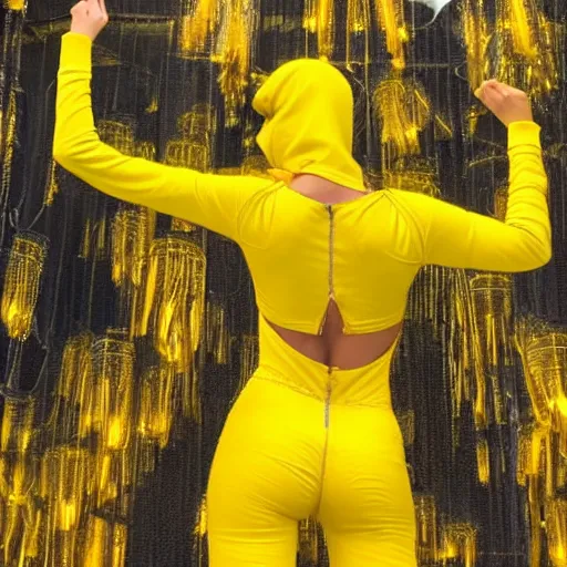 Image similar to love, diverse yellow cybersuits, from behind, connection rituals, wide wide angle, vivid, elaborate, highly detailed, beautiful lighting