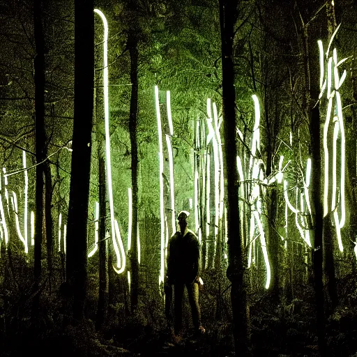 Image similar to eddie munson neon lights looks so cool in the night forest handsome, photojournalism