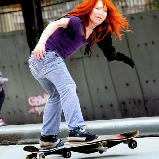 Image similar to tori amos pulls an amazing kick flip on her skateboard in san francisco, stunning sports photography