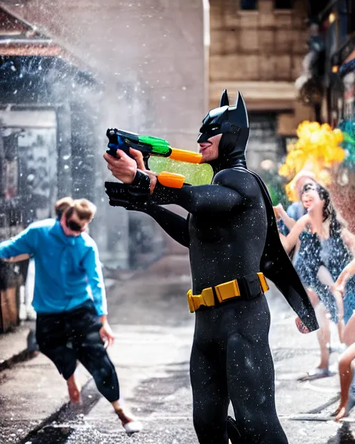 Image similar to happy batman firing super soaker water gun at playful criminals in an alleyway, everyone having fun, product advertisement, photography