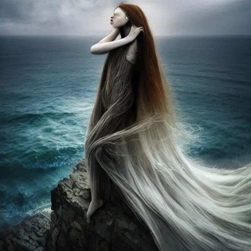 Image similar to A beautiful computer art of a human-like creature with long, stringy hair. The figure has no eyes, only a mouth with long, sharp teeth. The creature is standing on a cliff overlooking a dark, foreboding sea. by Bella Kotak ornamented