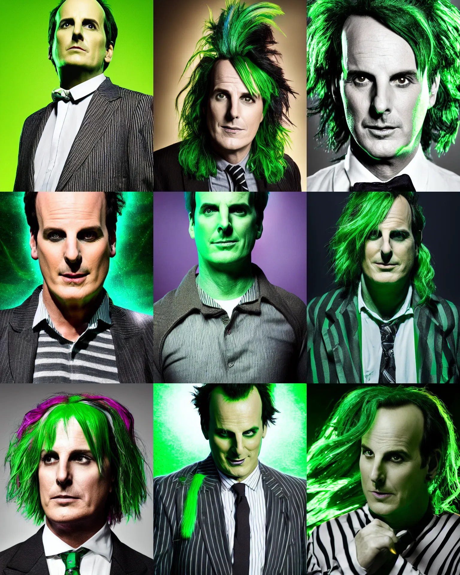 Image similar to Will Arnett as Beetlejuice, green hair, cinematic lighting, 4k portrait photograph