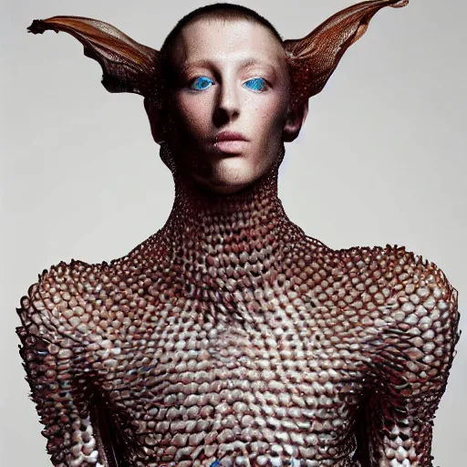Image similar to a beautiful young male wearing iris van herpen painted by michelangelo