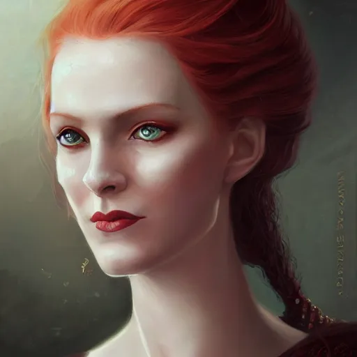 Image similar to a detailed matte head - on portrait painting of an middle - aged tiefling elegant and distinguished noblewoman with golden eyes and short long flowing red hair, by charlie bowater, lise deharme, wlop, tending on arstation, dungeons and dragon, dnd, pathfinder, fanart, oil on canvas