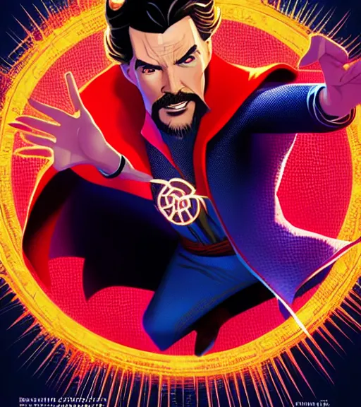 Image similar to poster art of dr strange rendered in the style of into the spiderverse