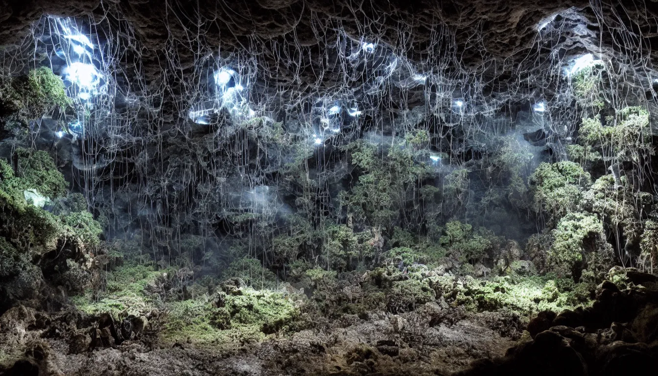Prompt: inside huge dark wet cave looking out with growing fungal mycelium biodiversity all round , futuristic cities emerge in between the rock formations, deep boiling pools of water reflecting the surfaces around them spraying steam high into the air , dramatic dusk illuminates areas and cast strong shadows, volumetric light through the boiling mist ,detailed entangled fibres carpet the fallen rocks , tree roots puncture and crack rocks , stormy clouds gather in the distance ,full colour , upscale , 8k