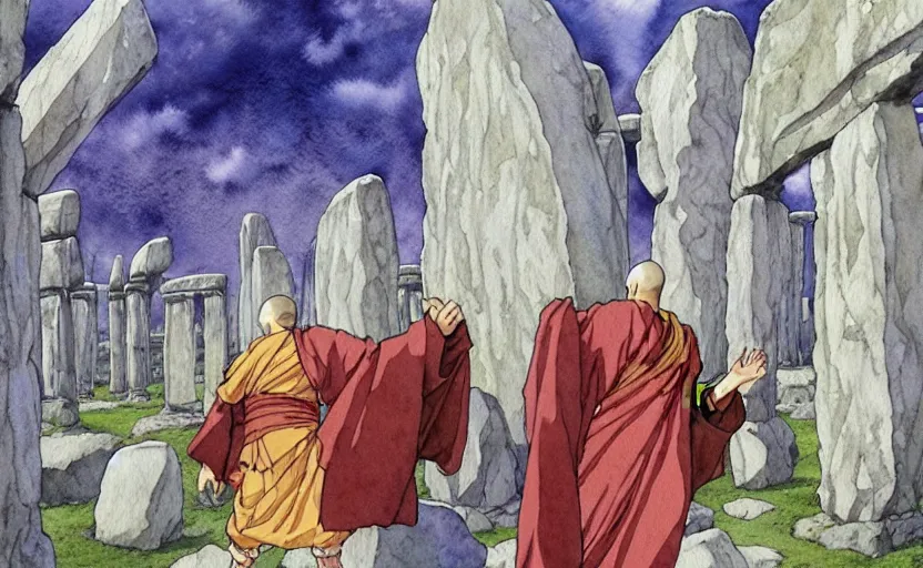 Image similar to a realistic anime watercolor fantasy concept art of a giant monk with a big forehead in grey robes dancing in stonehenge. several immense stones are floating in the air. by rebecca guay, michael kaluta, charles vess