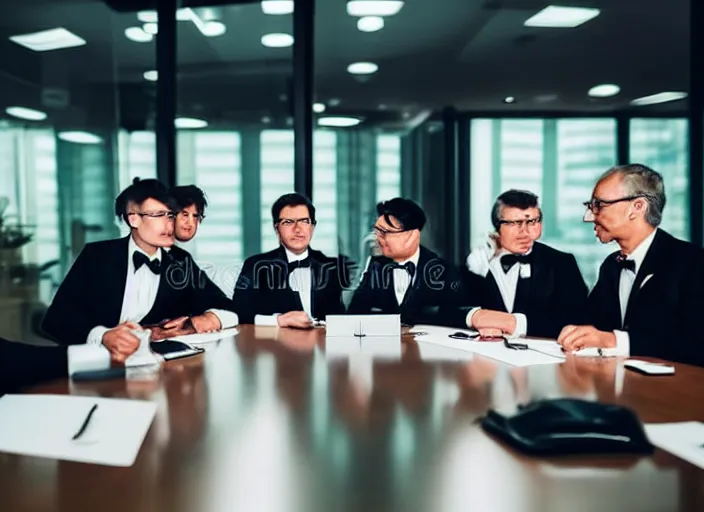 Prompt: photo of a management board meeting of well dressed cats in tuxedos. Highly detailed 8k. Intricate. Sony a7r iv 55mm. Stock photo.