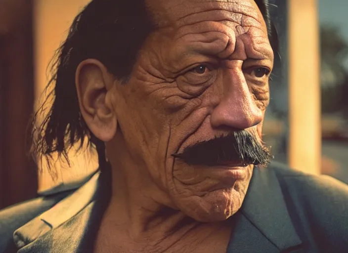 Image similar to movie still of danny trejo starring in a new wes anderson film, cinematic shot, shot on alexa mini, stunning cinematography, golden hour, filmgrain, kodak vision 2 0 0 t, shot composition