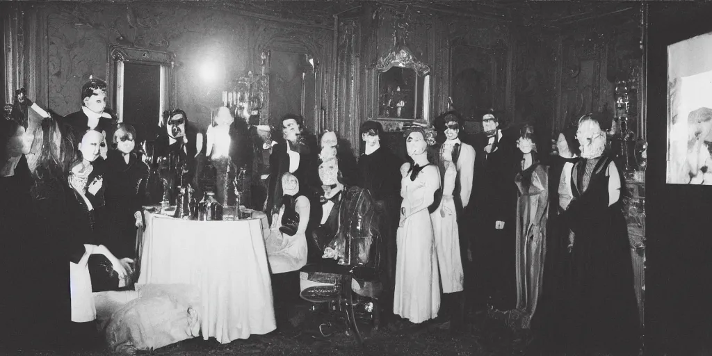 Image similar to creepy photo of people at a fancy party standing around a small black stone in a large Victorian apartment, 70mm film, old film, found film, scary, ominous, disturbing