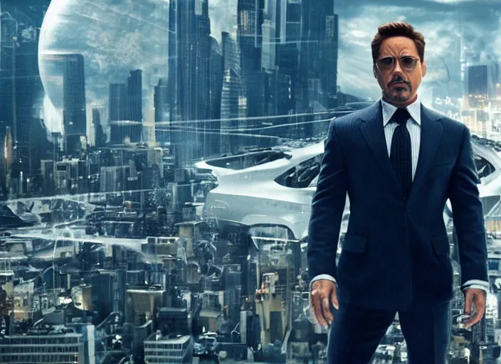 Prompt: film still of Robert Downey Jr as Cobb with the world bending in on itself in the background in Inception, 4k