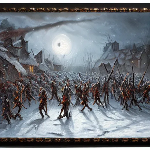 Prompt: Undead army descends upon a village in the middle of a winter night, photorealistic oil painting