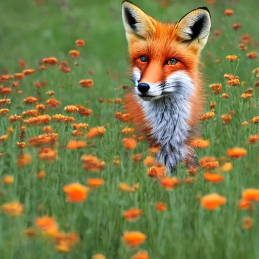 Image similar to a portrait of a fox in a field of beautiful flowers