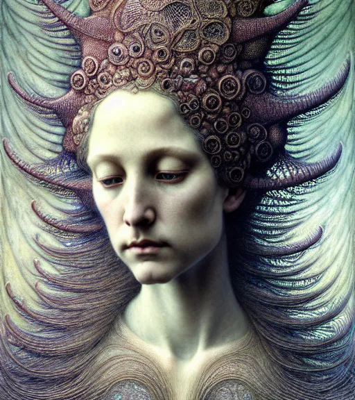 Image similar to detailed realistic beautiful fog goddess face portrait by jean delville, gustave dore, iris van herpen and marco mazzoni, art forms of nature by ernst haeckel, art nouveau, symbolist, visionary, gothic, neo - gothic, pre - raphaelite, fractal lace, intricate alien botanicals, ai biodiversity, surreality, hyperdetailed ultrasharp octane render