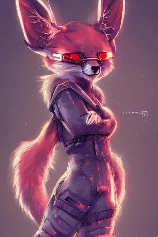 Image similar to a cute cyberpunk anthropomorphic fox with a fluffy tail, comic art, trending on furaffinity, cartoon, kawaii, backlighting, furry art!!!, warm light, concept art, glitch art