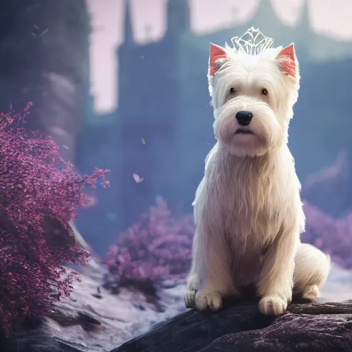 Image similar to west highland terrier, fairy tale, stunning, surrounding cinematic light, hyper detailed, ornate and intricate, 4 k cinematic octane render