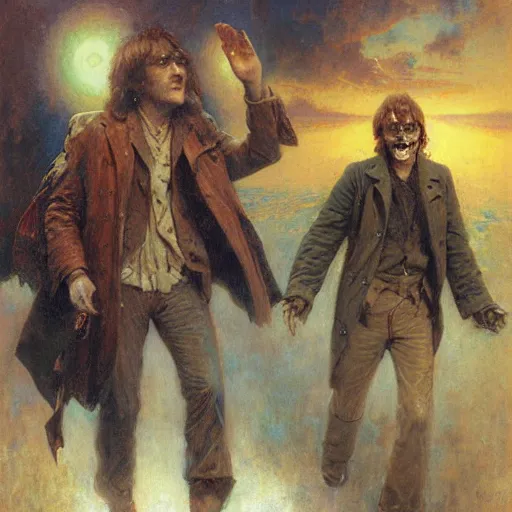 Image similar to john lennon and george harrison as zombies in heaven by gaston bussiere, craig mullins, j. c. leyendecker