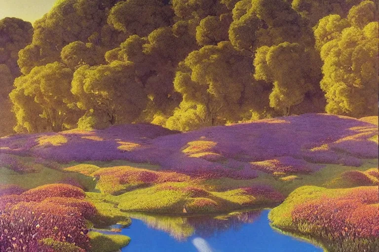 Prompt: a gorgeous, beautiful, amazing surreal landscape with a river running through a beautiful prairie full of wildflowers by maxfield parrish