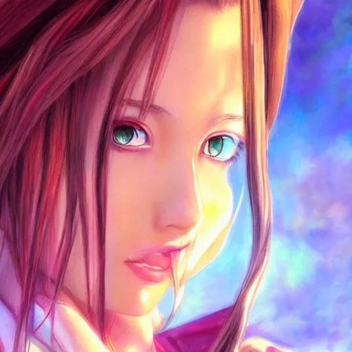 Prompt: dreamy colorful portrait drawing of aerith gainsborough from from final fantasy 7 with the steam punk city midgard as backdrop, by master artist yoshitaka amano trending on artstation