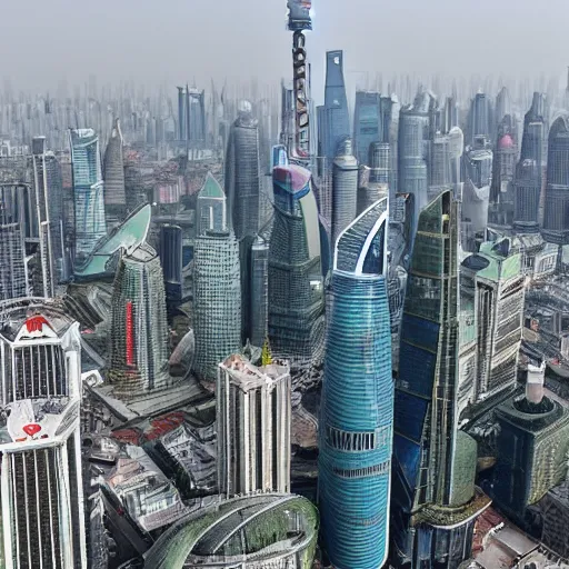 Image similar to Cityscape of Shanghai just before the technological singularity