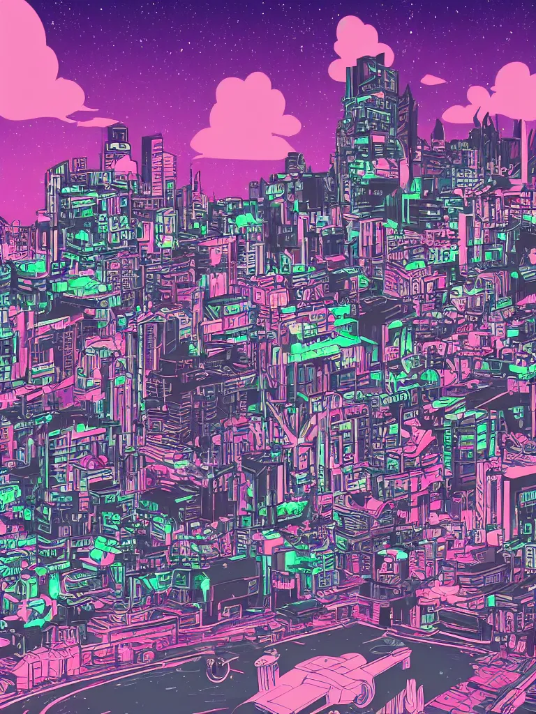 Prompt: brutalist style cityscape with retro style cafe racer motorcycles, under vapor wave galaxy