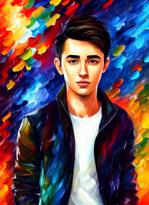 Image similar to handsome young man with short black hair, male, full detailed clothing, half body shot, arms down, path traced, highly detailed, high quality, digital painting, alena aenami, leonid afremov, lilia alvarado, shinji aramaki, karol bak