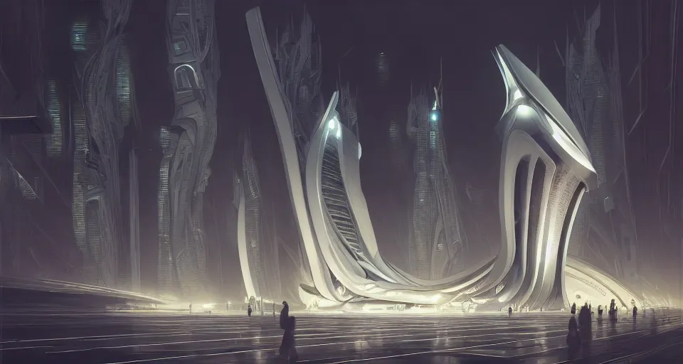 Image similar to cinematic shot, futuristic building, crowded, utopian, zaha hadid, night, white, lights, digital painting, artstation, concept art, smooth, sharp focus, illustration, intricate, elegant, highly detailed, in the style of greg rutkowski and alphonse mucha and artemisia, 8 k, highly detailed, jurgens, rutkowski