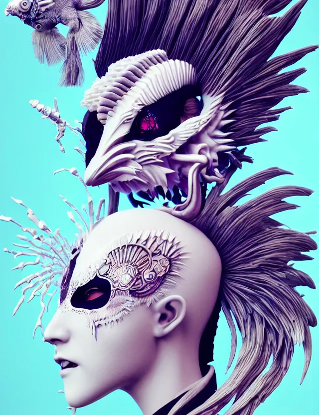 Image similar to 3 d goddess close - up profile simple portrait punk with mohawk with goat skull. beautiful intricately detailed japanese crow kitsune mask and clasical japanese kimono. betta fish, jellyfish phoenix, bio luminescent, plasma, ice, water, wind, creature, artwork by tooth wu and wlop and beeple and greg rutkowski