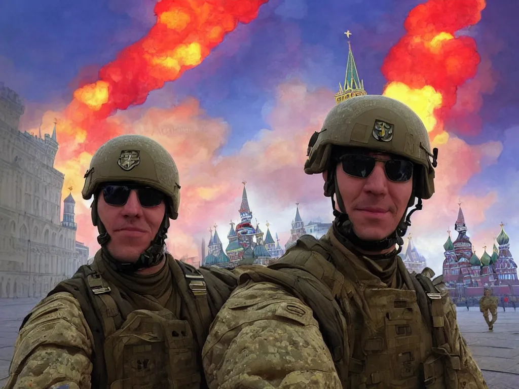 Image similar to special forces nato soldier with yellow shoulder patch takes selfie at red square kremlin burning in the background, d & d, fantasy, bright atmosphere, volumetric lights, intricate, elegant, extremely detailed, digital painting, artstation, concept art, matte, smooth, sharp focus, hyper realistic, illustration, art by artgerm and greg rutkowski and alphonse mucha