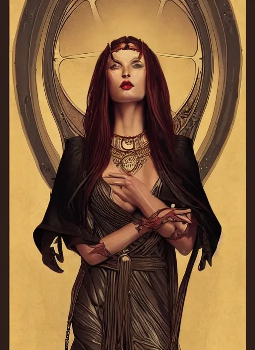 Image similar to tarot!!, high priestess, no noise, elegant, concept art, sharp focus, beautiful face!!, digital art, smooth defined outlines!!, human anatomy, human structure, vector background, dark fantasy, by Brom, trending on Artstation, Tom Bagshaw, Sargent