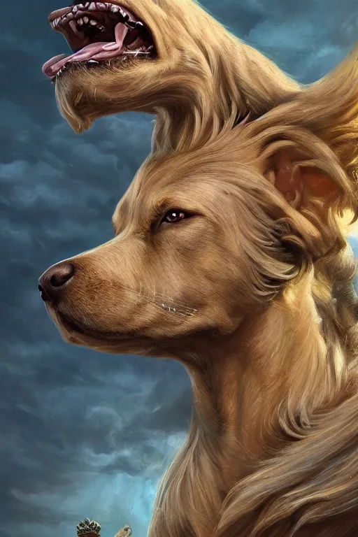 Prompt: Dog as a god, detailed face, gorgeous, amazing, flowing hair, very muscular male body, partial anatomy, stormy background, caesar victorious, proud Emperor, crepuscular ray, intricate, highly detailed, 8K, digital painting, fantasy, artstation, concept art, sharp focus, over-shoulder shot, illustration, art by greg rutkowski beeple and alphonse mucha