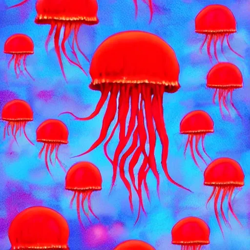 Image similar to fantasy red jellyfish swiming in blue waters, artstation, beautiful, colorful