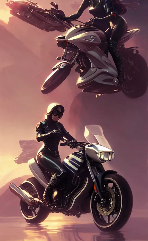 Image similar to Police female riding yamaha motorcycle, sci-fi, highly detailed, digital painting, artstation, concept art, smooth, sharp focus, illustration, art by artgerm and greg rutkowski and alphonse mucha
