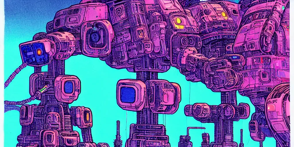 Prompt: a close - up grainy, risograph painting, hyper light drigter, neon colors, a big mech droid head, wires around, floating above the sharp peaks weapons, edena's world, style by moebius and kim jung gi