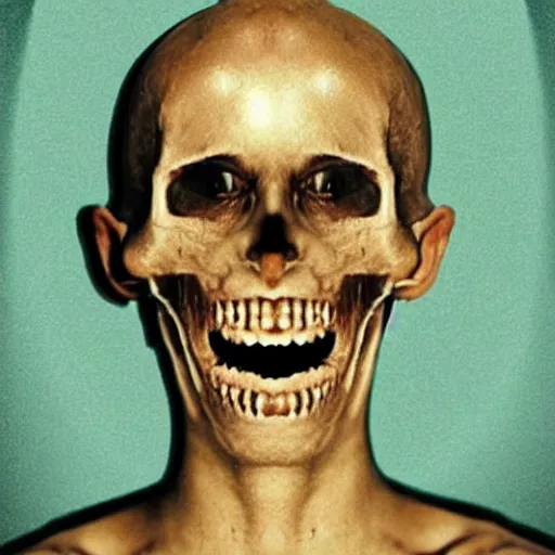 Image similar to crooked teeth, black eyes, gaping mouth, alien looking, skull like, big forehead, horrifying, killer, creepy, dead, monster, tall, incredibly skinny, open mouth, deathly, old photo, turning yellow