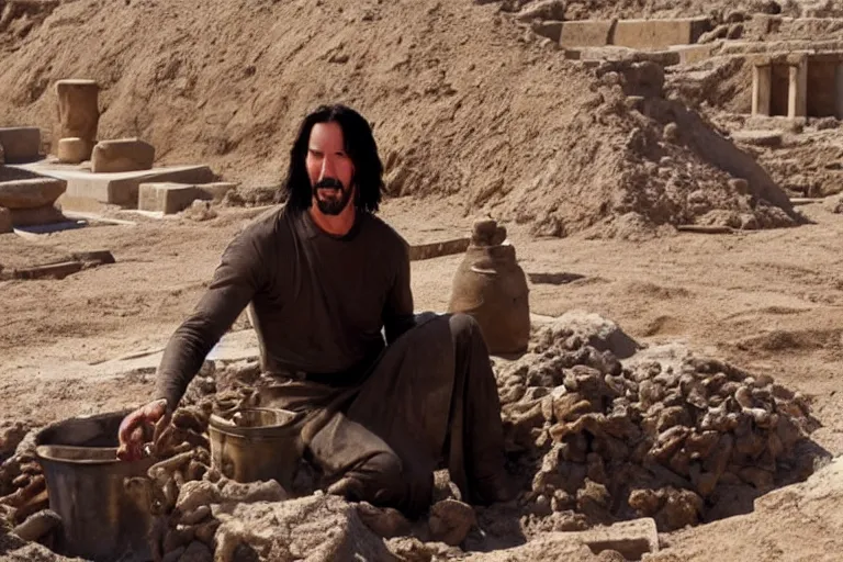 Prompt: film still of keanu reeves wearing an archaeological outfit sifting material at an ancient egyptian archaeological digsite