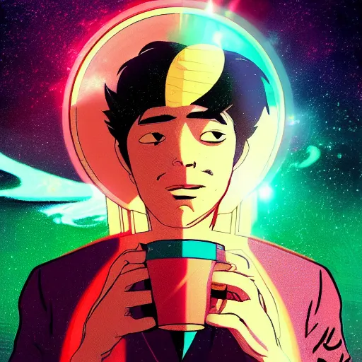 Image similar to A man drinking a cup of cosmic energy bright light by Masafumi Harada, 4k, digital art, surreal, anime style, space dandy style, highly detailed, godsend, artstation