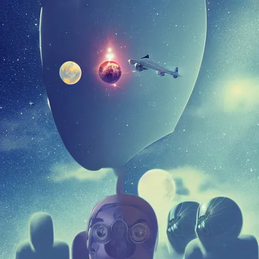 Prompt: A giant humanoid head floating in space in front of two starships, digital art, sci-fi