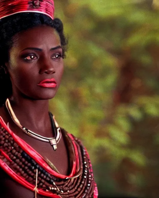 Prompt: the image is a lost hollywood film still 1 9 9 0 s photograph of a guardian priestess black woman with dark brown skin, long, swirling black hair, and jade colored eyes, reading ancient texts. vibrant cinematography, anamorphic lenses, crisp, detailed image in 4 k resolution.